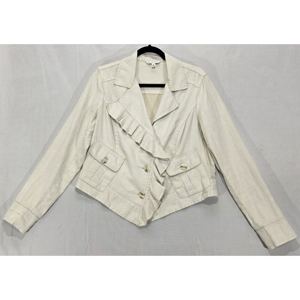 CAbi Waxed Linen Jacket Womens L Cream Ruffle Asymmetrical Cropped Pockets Boho